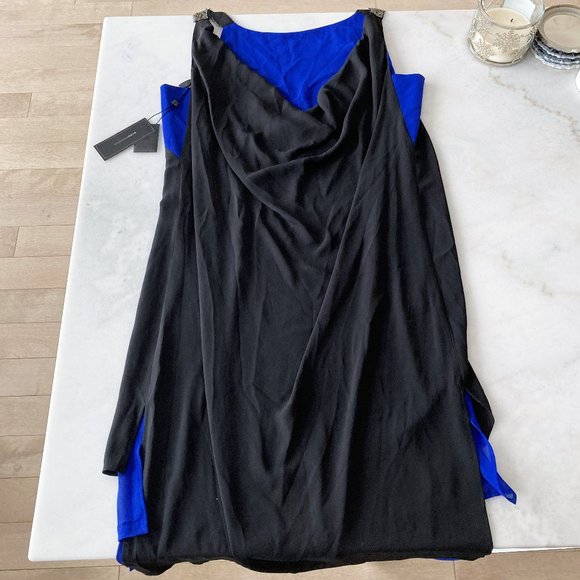 NWT BCBGMaxAzria Essex dress, black & blue, beaded straps, draped back, relaxed - Picture 2 of 7